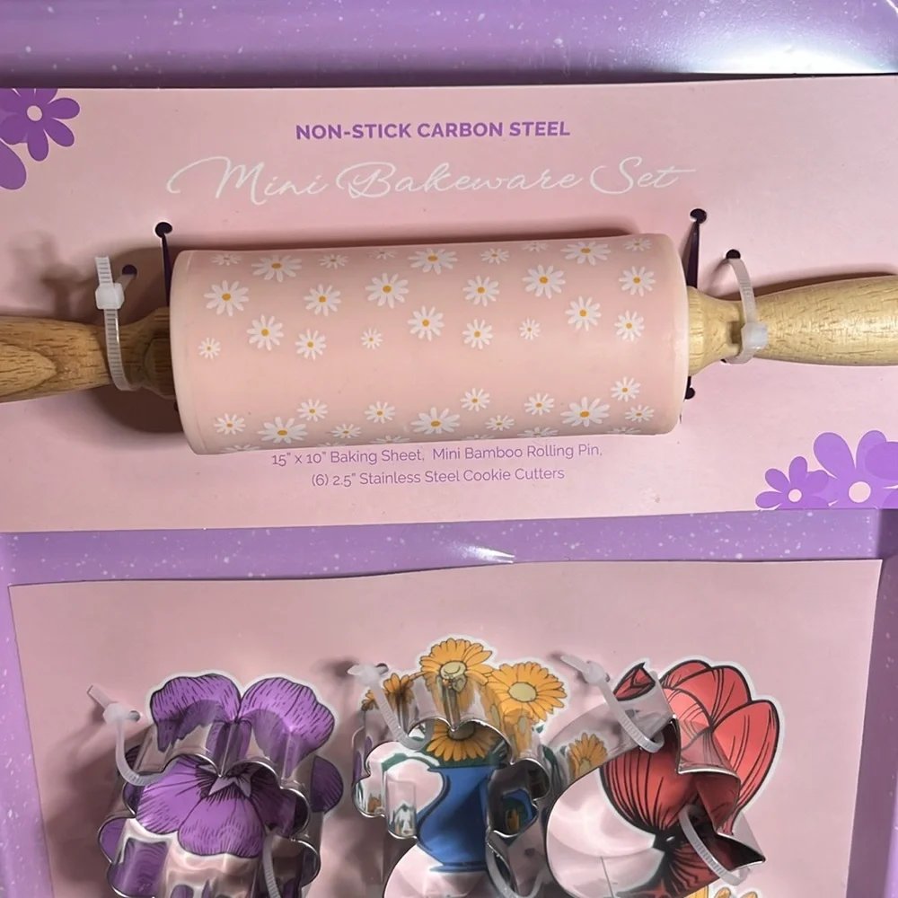 Cute Floral Rolling Pin and Cookie Cutter Set with tin cookie sheet
